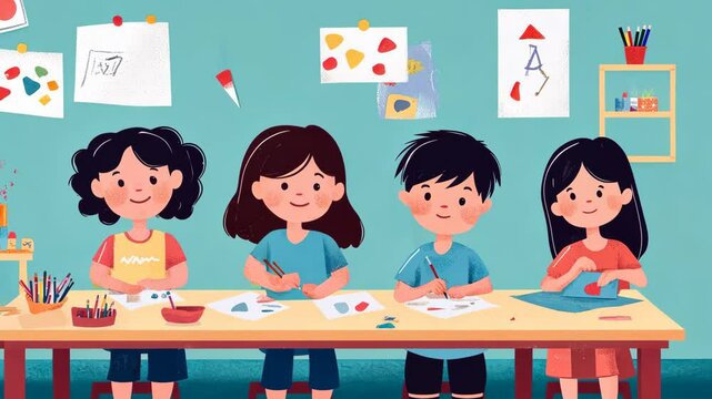Creative kids crafting origami in colorful classroom environment