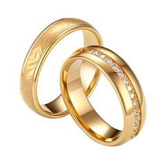 Pair of golden wedding rings with diamonds on black background