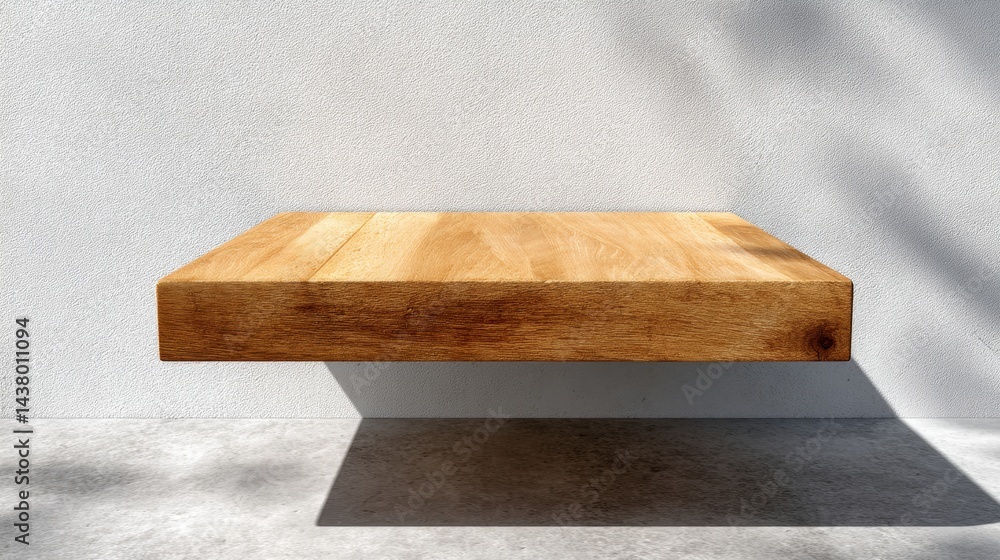 Poster An empty light-colored wooden platform with natural grain and shadows rests against a plain wall, providing clear space for text or design elements
