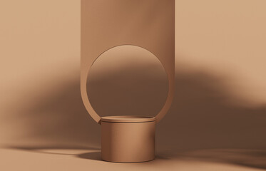 3D podium, display, brown background with tree shadow and round frame. Luxury cosmetic product presentation. Abstract, summer day . 3D render mockup.
