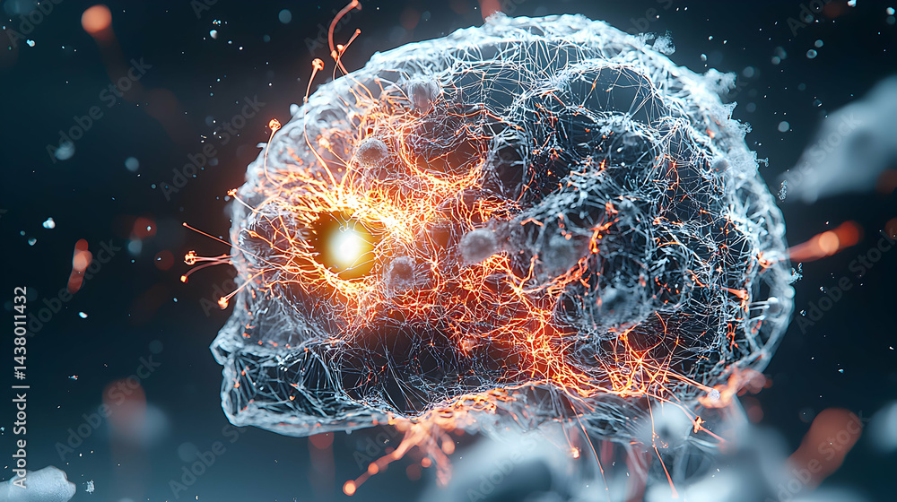 Poster abstract depiction of brain activity with glowing energy patterns. suggests mental processes conscio