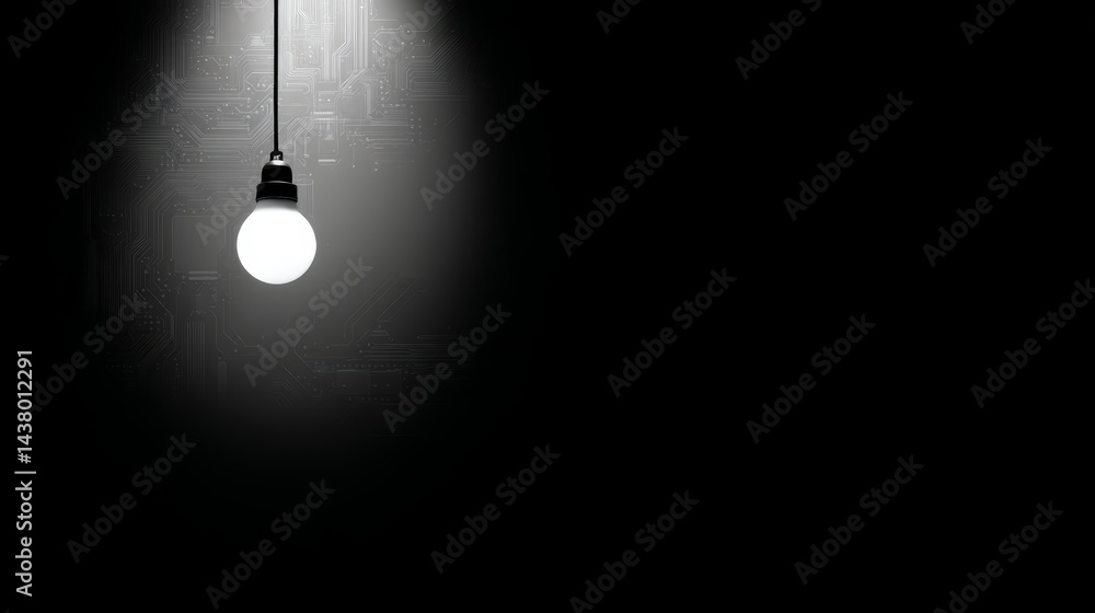 Aufkleber A glowing LED light bulb hangs in darkness, surrounded by faint circuitry patterns that emerge subtly, symbolizing modern technological advancement