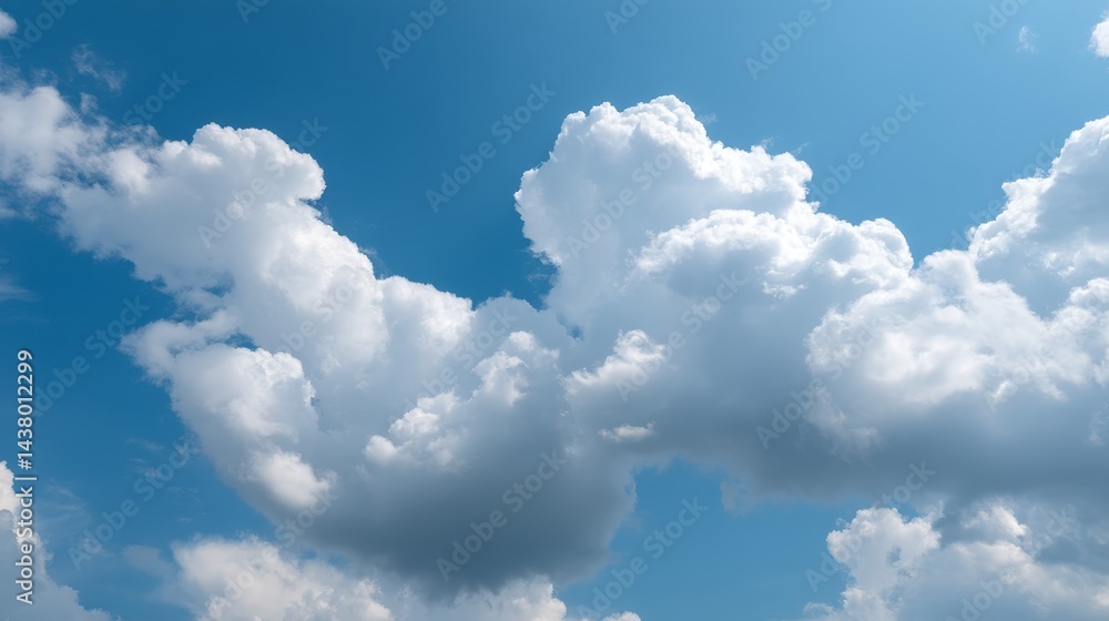 Poster fluffy white cumulus clouds float gracefully in a bright azure sky, illuminated by natural daylight,