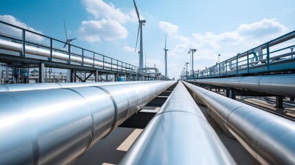 Metallic hydrogen pipes stretch into the distance with spinning wind turbines in the background, showcasing modern renewable energy efforts on a bright day
