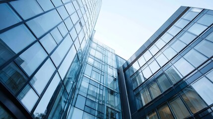 Wide shot captures a geometric glass and steel building from a low angle, highlighting reflections of a clear blue sky and strong architectural lines