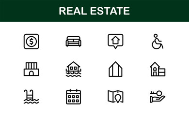 Property and Real Estate Icons. Modern Residential, Commercial, and Architecture Symbol Set for Real Estate Marketing and Branding