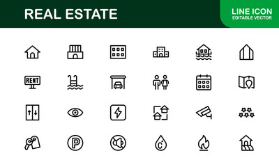 Property and Real Estate Icons. Modern Residential, Commercial, and Architecture Symbol Set for Real Estate Marketing and Branding