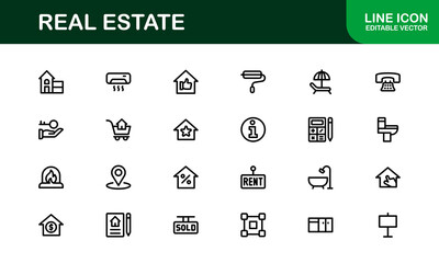Property and Real Estate Icons. Modern Residential, Commercial, and Architecture Symbol Set for Real Estate Marketing and Branding