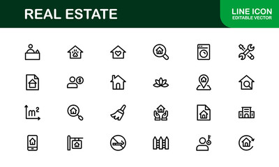 Property and Real Estate Icons. Modern Residential, Commercial, and Architecture Symbol Set for Real Estate Marketing and Branding