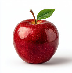 Fresh Red Apple with Green Leaf on Neutral Background
