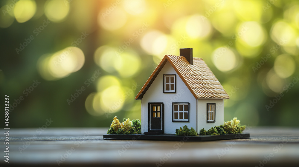 Poster small house model placed on wooden table with soft bokeh background creates serene atmosphere