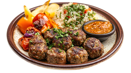 Close up of a plate with meatballs rice salad roasted vegetables and a small bowl of sauce