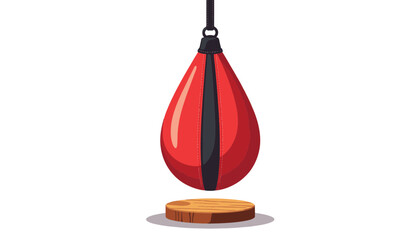 Classic red speed bag hanging over wooden platform, boxing training