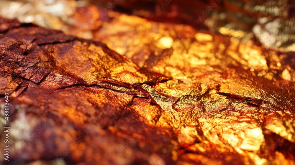 Poster a close-up view reveals a luxurious copper foil surface with warm reddish-brown hues and highlights,