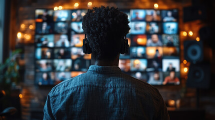 Obraz premium A group of diverse people in a virtual meeting on a large screen, teamwork in digital age