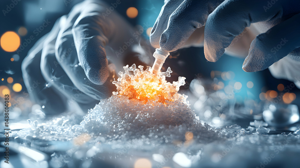 Poster a scientist in a lab is working with glowing particles. the image suggests medical research or a sci