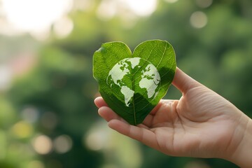 Care and love Earth, and eco-friendly for carbon neutral. Concept of the Environment World Earth Day. Hand-holding heart-shaped leaf with a globe icon. to Save the environment and be sustainable.