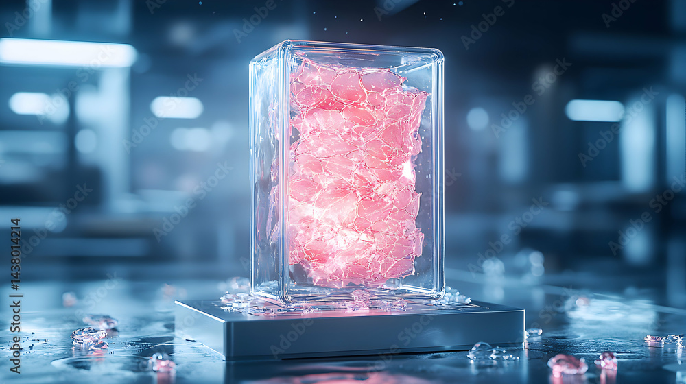 Poster a futuristic laboratory setup showcasing bio-engineered meat inside a transparent cube. suggests cel