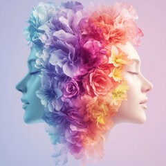 pride  month, lgbt, gay, lesbian concept. Colorful floral paper art depicting two faces in profile.