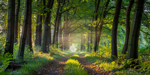 Fototapeta premium A serene forest path photograph with bright sunlight streaming through the canopy, creating a natural spotlight effect