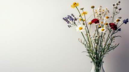 Obraz premium Bright wildflower bouquet in a clear glass vase with colorful distinct variety of daisies, lavender, and red blooms on plain white background for decoration
