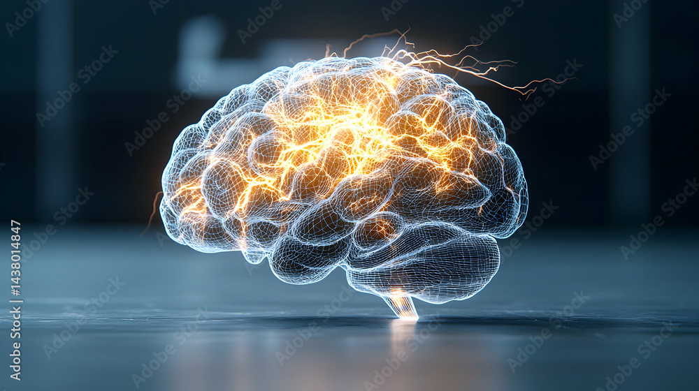 Aufkleber a wireframe brain with internal glowing energy representing thought and cognition. suitable for neur