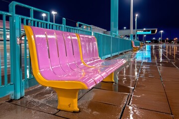 Modern Train Station Benches at Night, Purple and Yellow, Wet Pavement Reflections