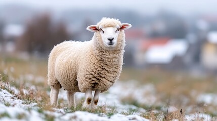 Fototapeta premium Fluffy sheep in a snowy field. A sheep stands in a field covered with snow and sparse brown grass, looking directly at the camera. 