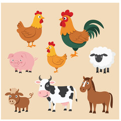 Farm animals set in flat vector style with a chicken hen cock pig sheep beef dairy cow horse.