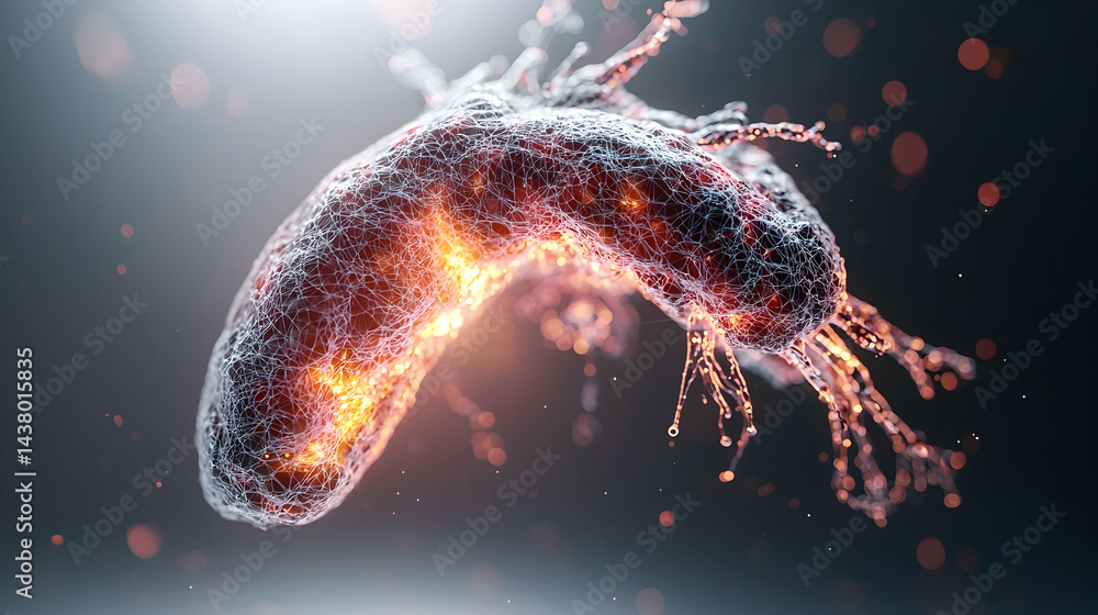 Poster a glowing cell structure detailed with an intricate network of lines. excellent for scientific visua
