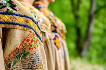 A group of people wearing native american clothing standing next to each other
