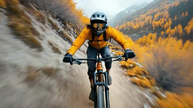 Mountain Biker Conquering Terrain: A skilled mountain biker fearlessly navigates a rugged, natural trail, showcasing speed, agility, and the exhilaration of outdoor adventure.
