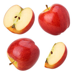 red apple, half and slice isolated, red apple macro studio photo, transparent PNG