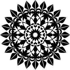 Ornamental Flower Circle Vector | Botanical Black Silhouette