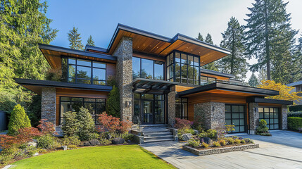 Obraz premium Sophisticated contemporary architecture with stone and wood elements, surrounded by nature