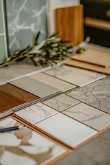 Variety of material samples for interior design project  Display of different colors and textures