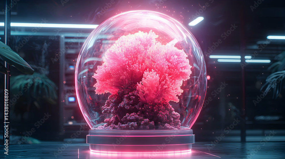 Poster a vibrant glowing pink coral-like structure is encased within a transparent bubble suggesting a futu