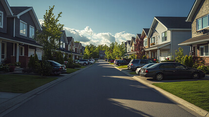 Obraz premium peaceful street in residential area lined with detached homes and parked cars