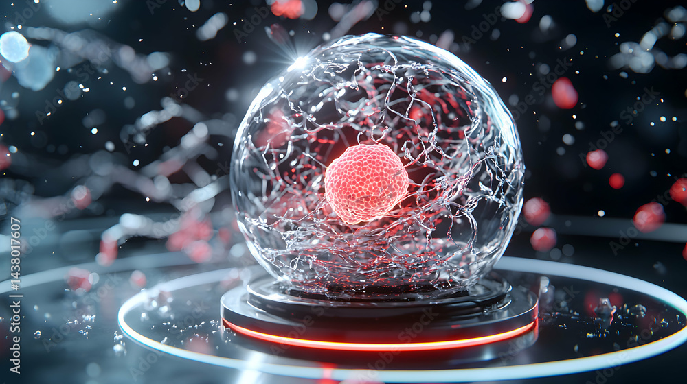 Poster a vibrant image of a cell with a red core encased in a transparent sphere. it suggests molecular bio