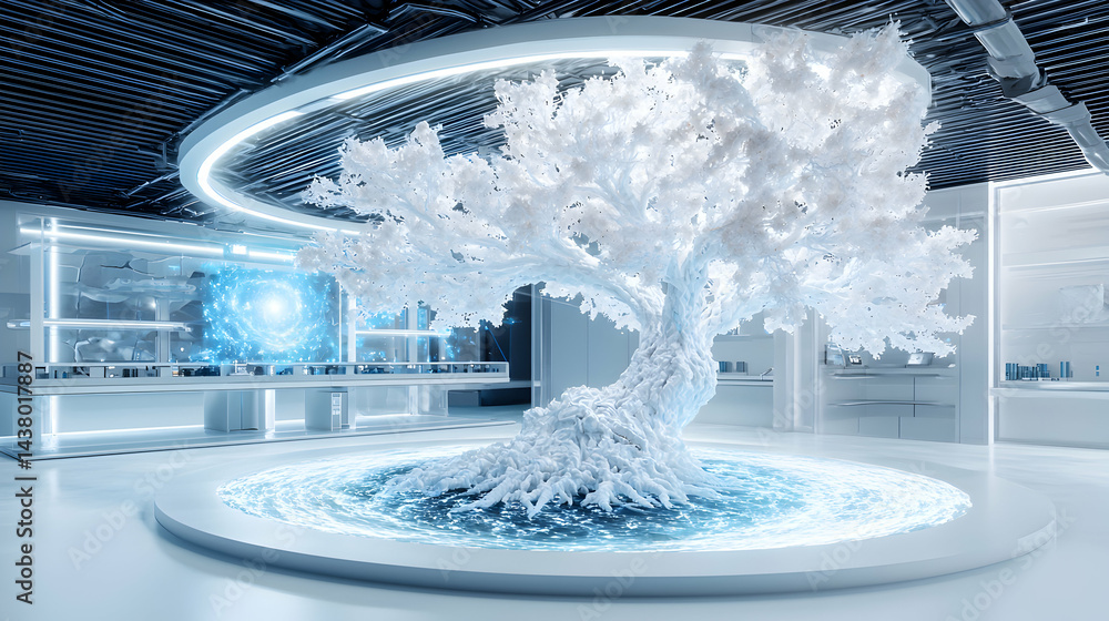 Poster a futuristic lab features a glowing tree. it's an inspiring space. use this image for science fictio