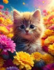 Katzenbaby im bunten Bl&uuml;tenmeer