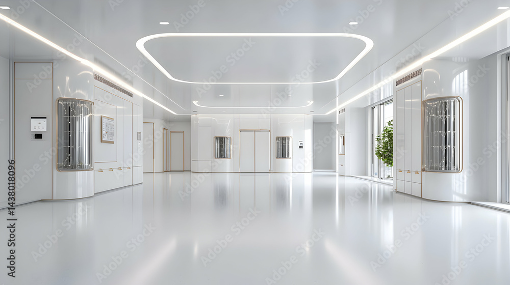 Poster a modern futuristic hall design with white sleek surfaces. this image may be suitable for architectu