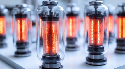 Close-up view of glowing vintage vacuum tubes arranged in a modern display setting