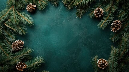 Festive Winter Holiday Season Pine Branches and Cones Teal Background