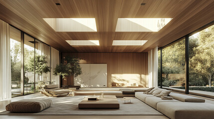 Fototapeta premium Stylish living room with timber ceiling and large windows, creating serene atmosphere