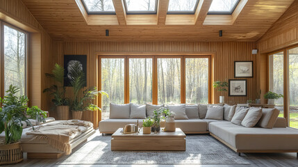 Stylish living room with timber ceiling and large windows, filled with natural light