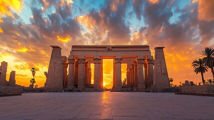 Fototapeta premium Majestic Temple of Luxor Silhouetted by a Vibrant Sunset Sky