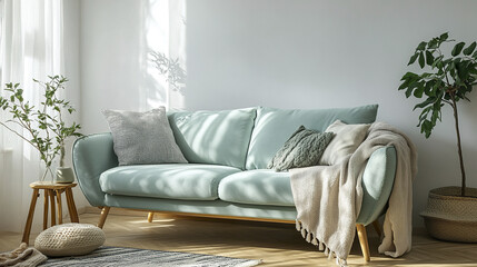Stylish mint sofa in bright Nordic room with wood textures and greenery