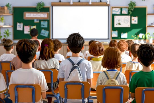 A group of children sitting in a classroom watching a presentation