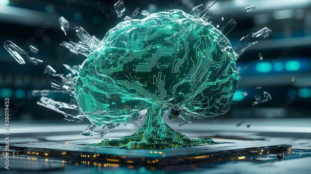 Poster this image visualizes ai's power. a brain-shaped circuit board suggests advanced computing and neura